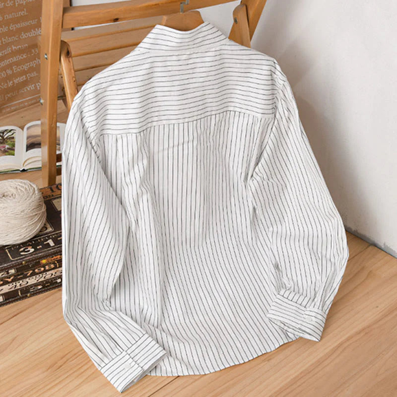 Buddha Stones Fall 2 In 1 Stripes Stand Collar Long Sleeve Men's Cotton Shirt