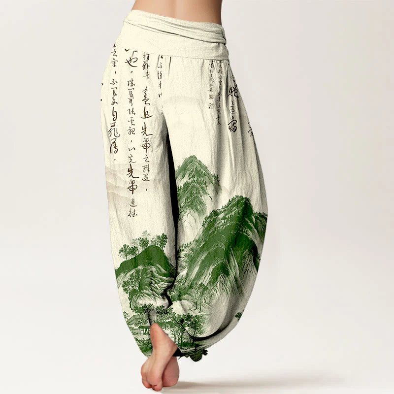 Buddha Stones Pure Cotton Chinese Calligraphy Landscape Painting Women's Elastic Waist Harem Pants