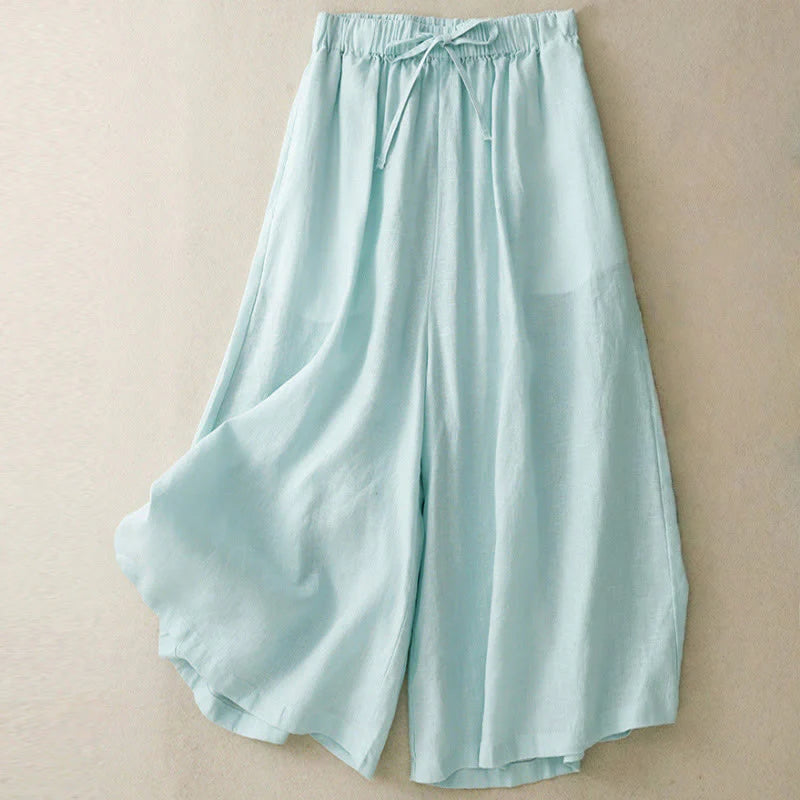 Buddha Stones Summer Elastic Waist Women's Capri Cropped Wide Leg Pants With Pockets