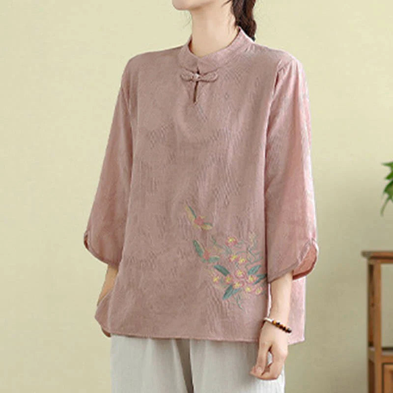 Buddha Stones Flower Embroidery Three Quarter Sleeve One Frog-Button Mandarin Collar Cotton Women's Shirt