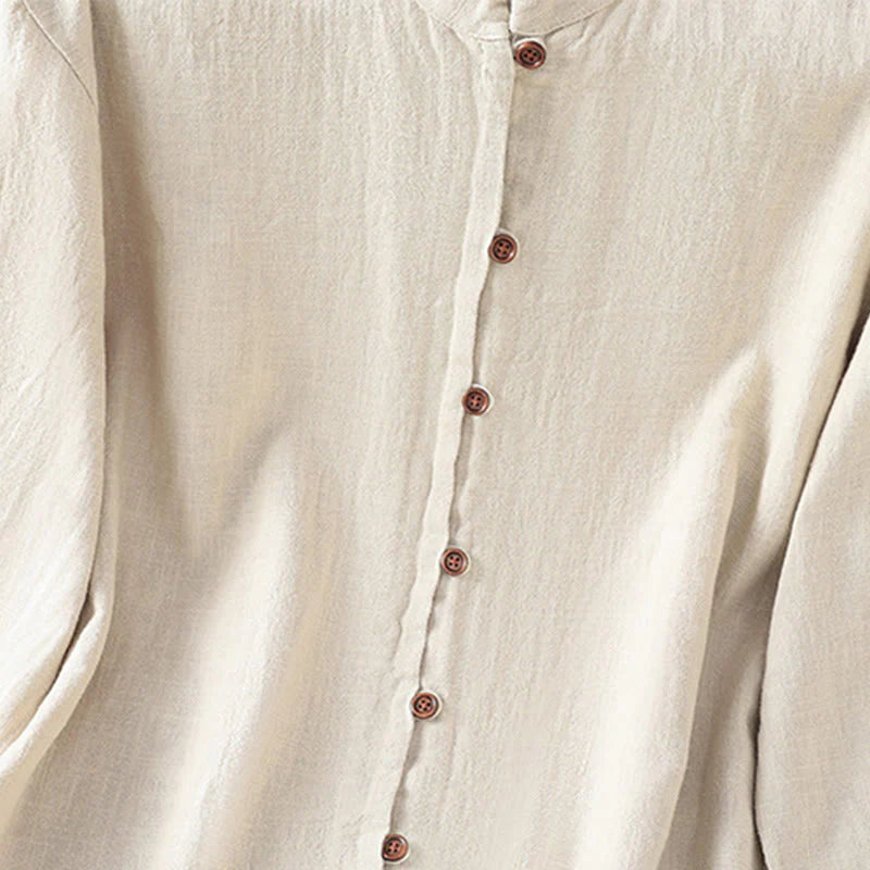 Buddha Stones Spring Solid Color Simple Hem Slit Design Cotton Linen Women's Shirt
