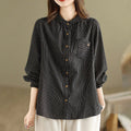 Buddha Stones Spring Causal Splice Design Striped Long Sleeve Button Lapel Cotton Linen Women's Shirt With Pocket