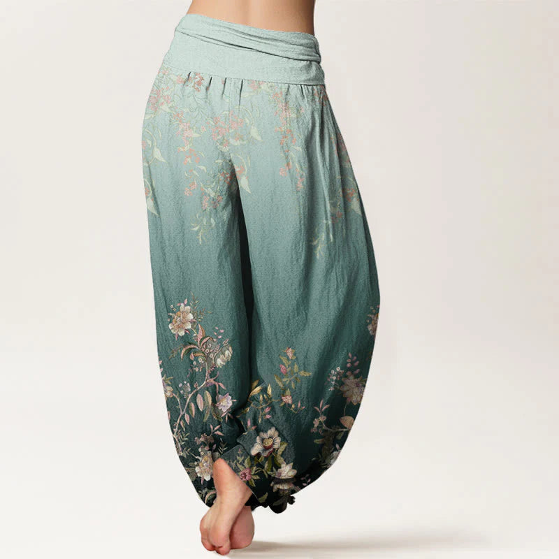 Buddha Stones Cotton Casual Gradient Delicate Floral Leaf Pattern Women's Elastic Waist Harem Pants