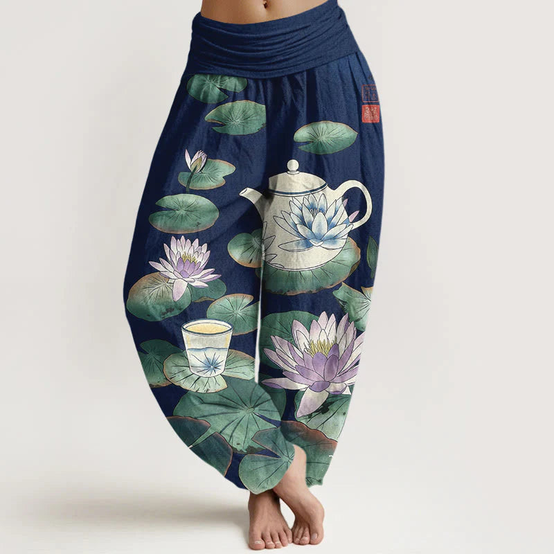 Buddha Stones Pure Cotton Fresh Teapot Cup Lotus Flower Leaf Pattern Women's Elastic Waist Harem Pants