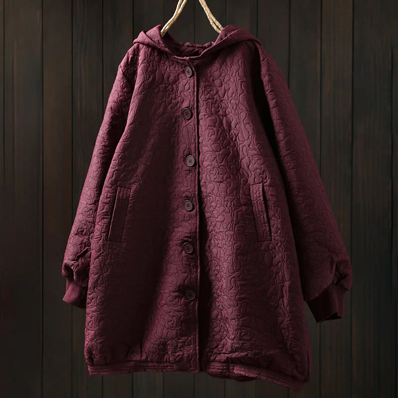 Buddha Stones Fall Buttons Long Sleeve Mid-length Jacquard Cotton Women's Jacket With Pockets