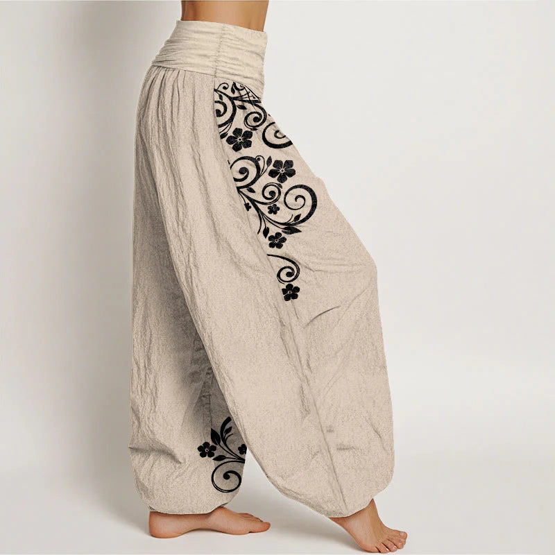 Buddha Stones Pure Cotton Elegant Vine Flower Pattern Women's Elastic Waist Harem Pants