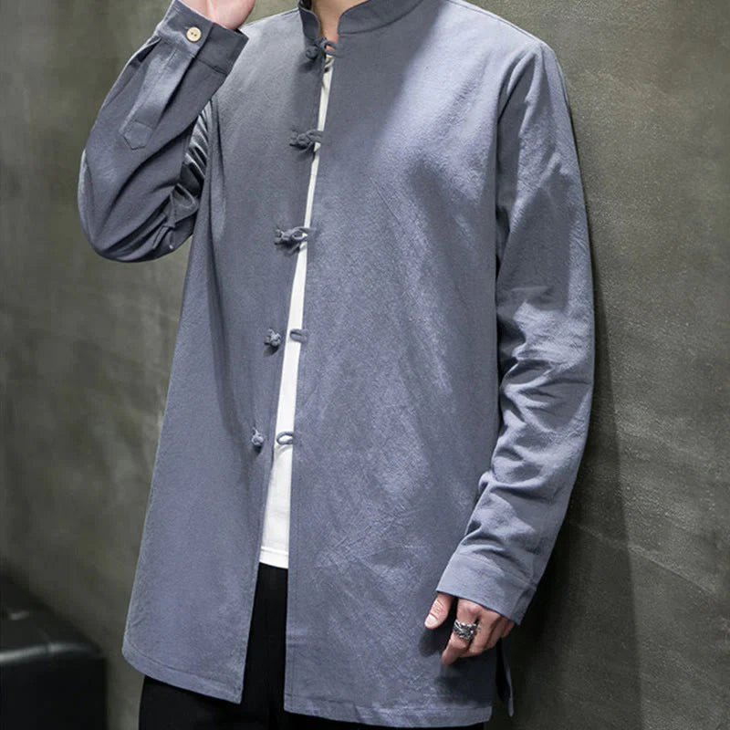 Buddha Stones Simple Tang Suit Plain Chinese Frog-Button Men's Cotton Long Sleeve Jacket Shirt