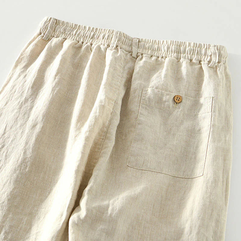 Buddha Stones Fall Solid Drawstring Elastic Waist Men's Linen Straight Leg Pants With Pockets