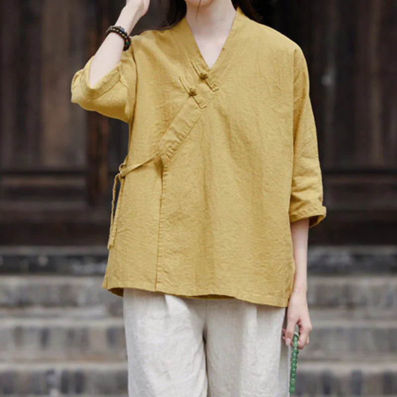 Buddha Stones Vintage  Zen Pure Color Lace Up Side Patchwork Design Women's Cotton Linen Half Sleeve Shirt Cardigan