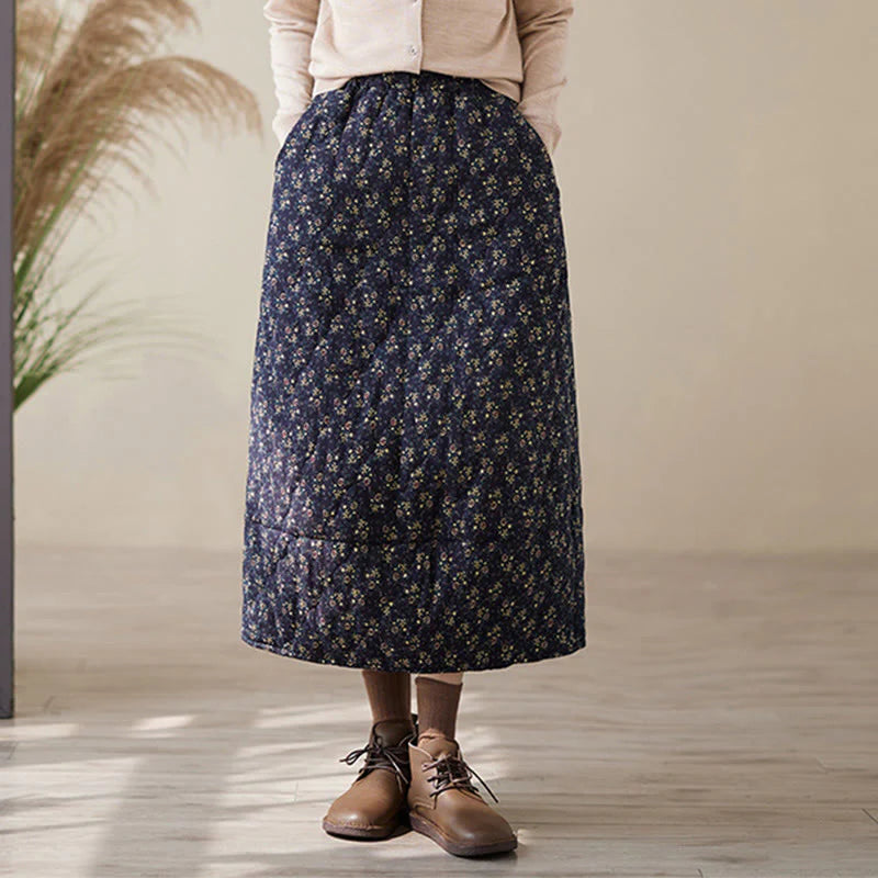 Buddha Stones Vintage Floral Pattern Elastic Waist Cotton Women's Midi Skirt With Pockets