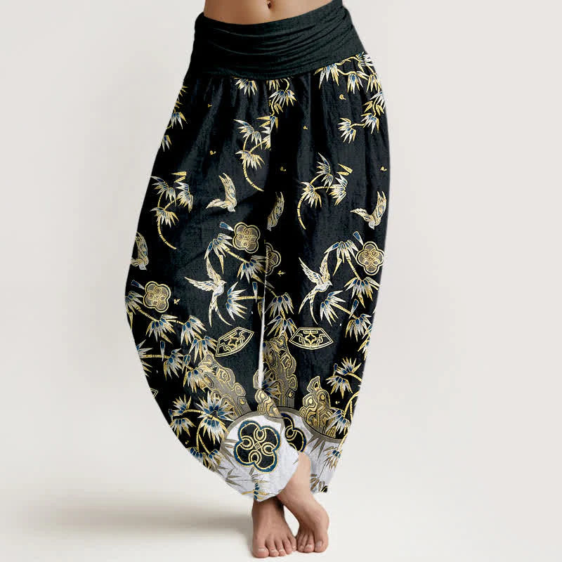 Buddha Stones Bird Bamboo Pattern Cotton Women's Harem High Elastic Waist Pants