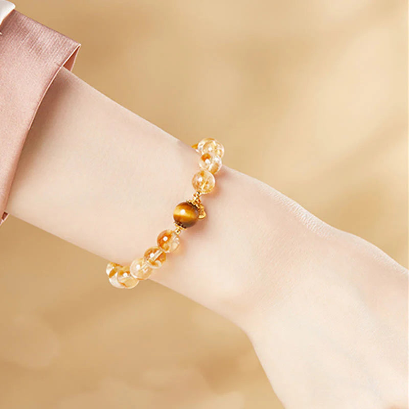Buddha Stones 925 Sterling Silver Gourd Fu Character Citrine Tiger Eye Prosperity Bracelet
