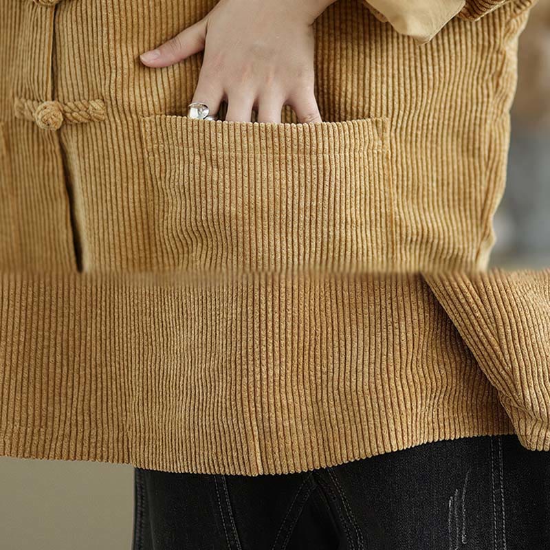 Buddha Stones Frog-button Stand Collar Women's Corduroy Jacket
