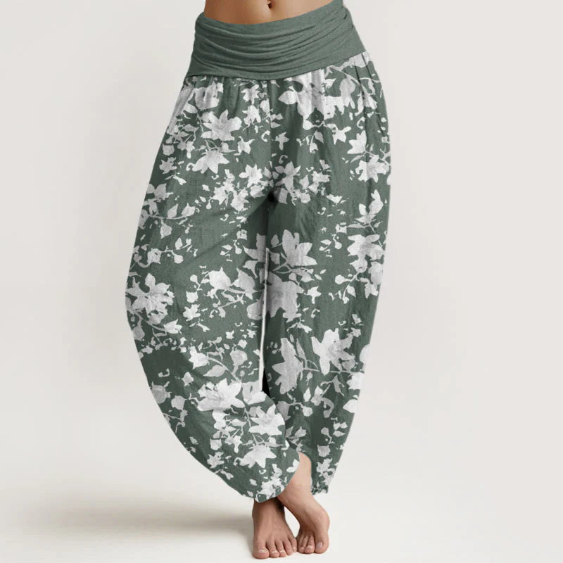 Buddha Stones Cotton Leaves Design Women's Elastic Waist Harem Pants