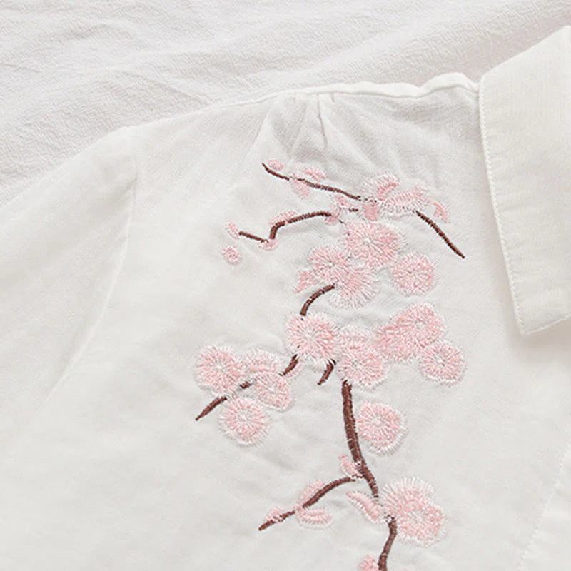 Buddha Stones Fall Pink Plum Blossoms Embroidery Buttons Women's Cotton Long Sleeve Shirt