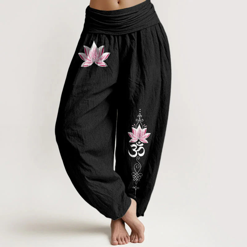 Buddha Stones Cotton Pink Lotus OM Pattern Women's Elastic Waist Harem Pants