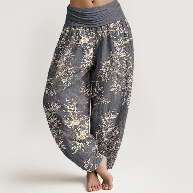 Buddha Stones Cotton Complicated Flowers Leaves Pattern Women's Elastic Waist Harem Pants