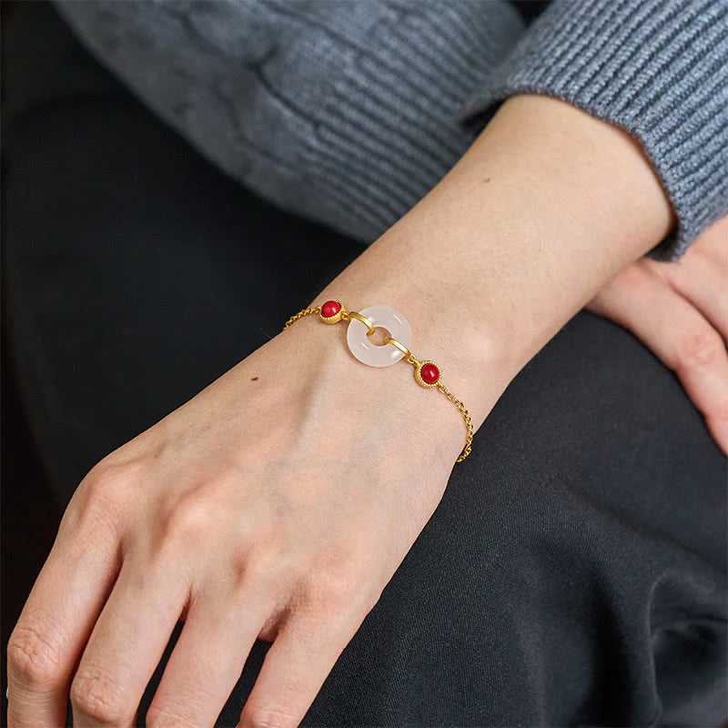 Buddha Stones Peace Buckle Hetian White Jade Copper Plated Gold Protection Bracelet