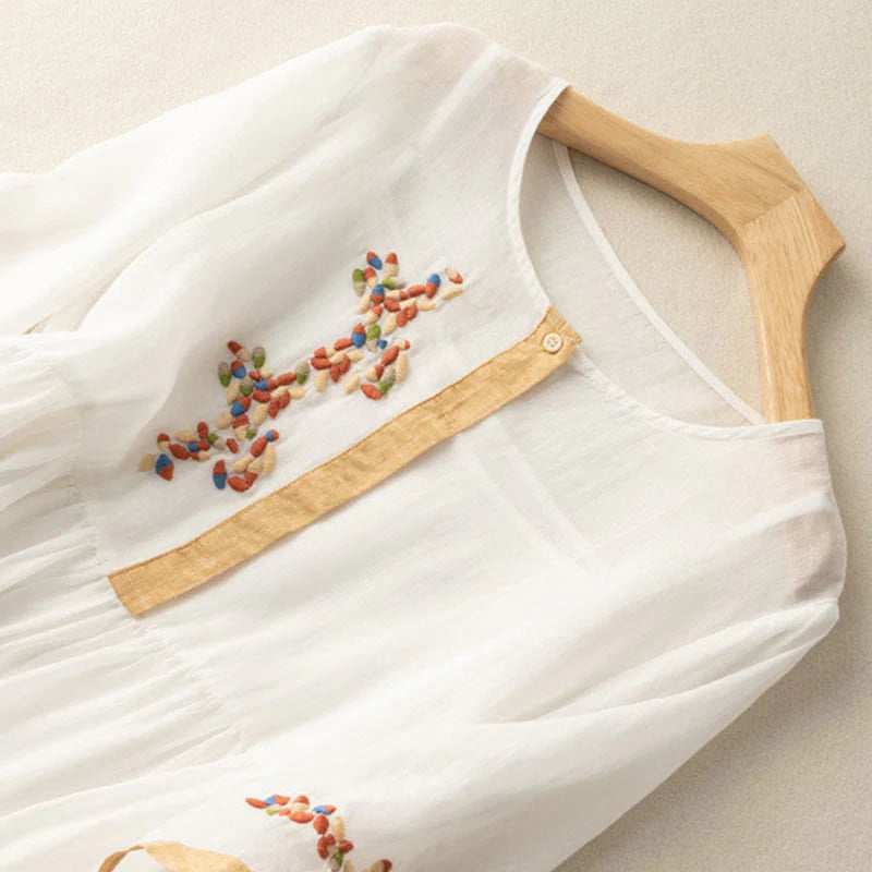Buddha Stones Spring Ethnic Embroidery Half Sleeve Cotton Linen Women's Midi Dress