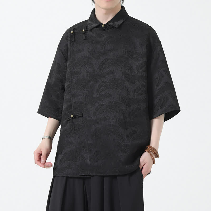 Buddha Stones Summer Mandarin Collar Textured Jacquard Men's Elbow Sleeve Shirt