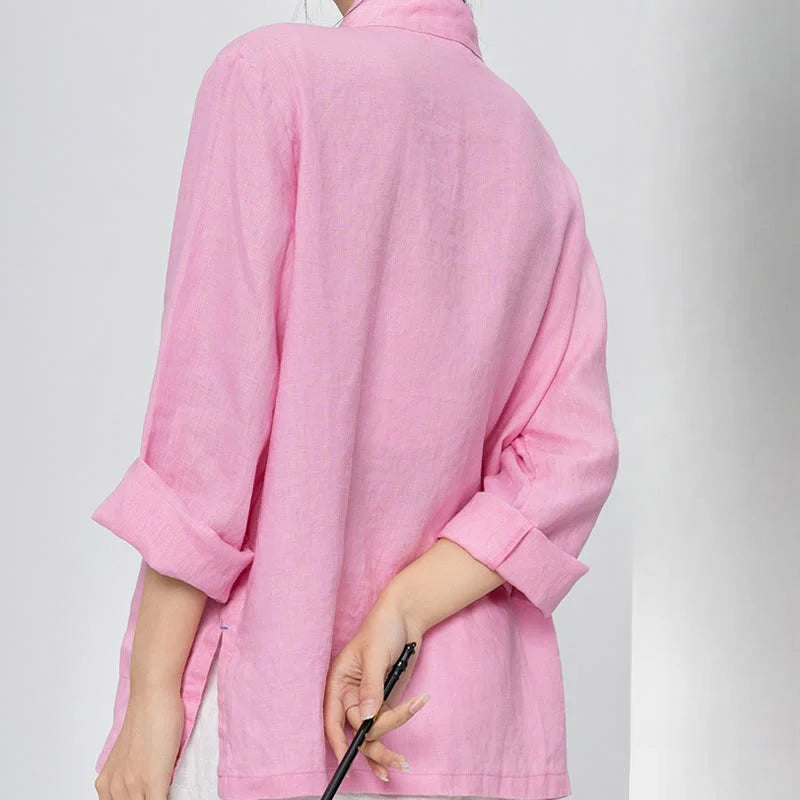 Buddha Stones Solid Color Frog-button Long Sleeve Linen Women's Shirts With Pockets