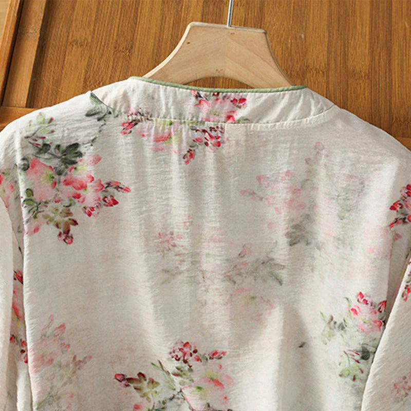 Buddha Stones Printing Floral Plain Chinese Frog-Button Women's Cotton Three Quarter Sleeve Shirt