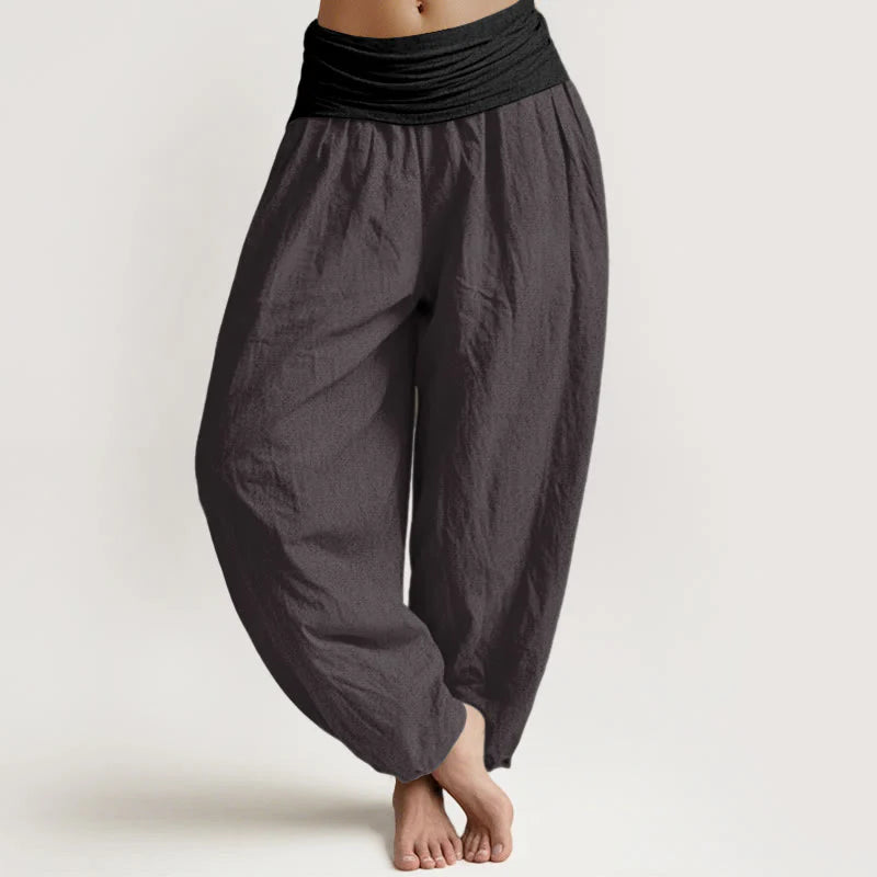 Buddha Stones Cotton Blue Black Gray Solid Color Women's Elastic Waist Harem Pants
