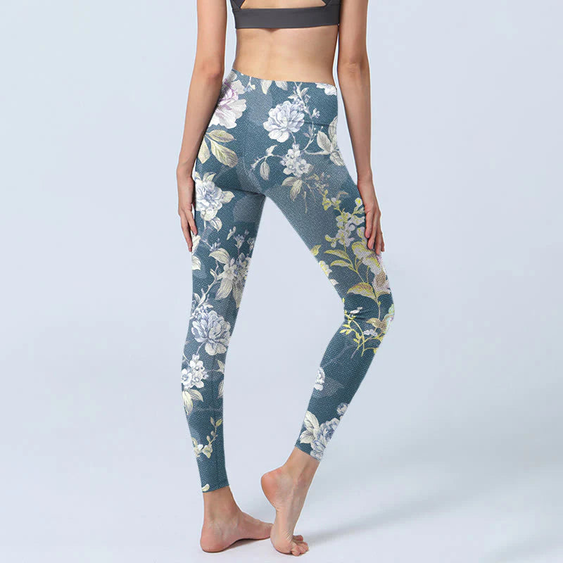 Buddha Stones Softly Colored Flower Leaf Pattern Print Gym Leggings Women's Yoga Pants