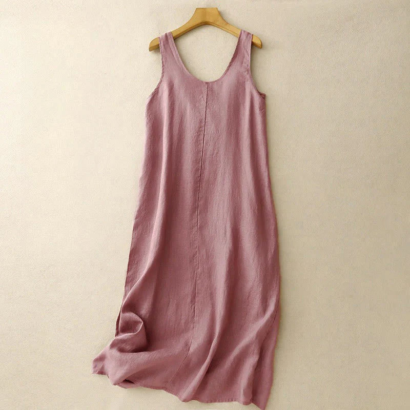 Buddha Stones Summer Daily Casual Pure Color Crew Neck Simple Design Sleeveless Midi Dress With Pockets