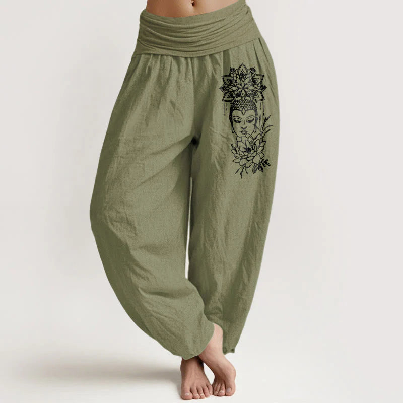 Buddha Stones Pure Cotton Simple Buddha Image Lotus Pattern Women's Elastic Waist Harem Pants