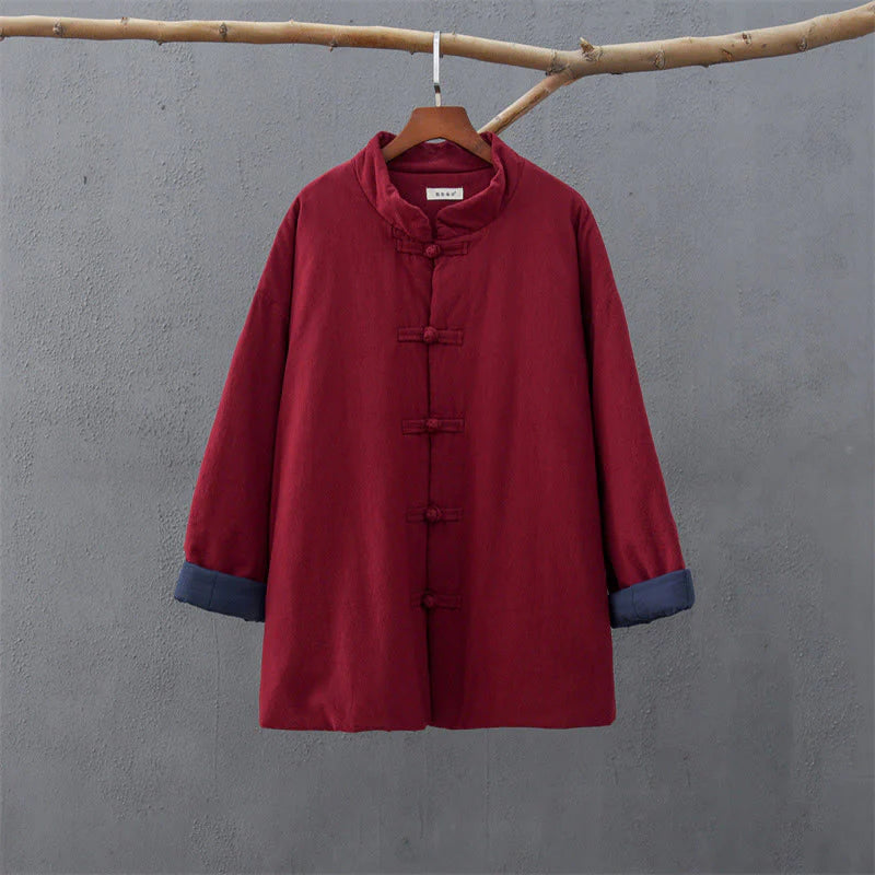 Buddha Stones Winter Solid Frog-Button Long Sleeve Cotton Women's Thermal Jacket With Pockets