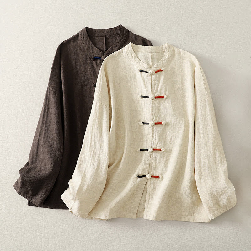 Buddha Stones Plain Chinese Frog-Button Long Sleeve Women's Cotton Linen Zen Clothing Shirt