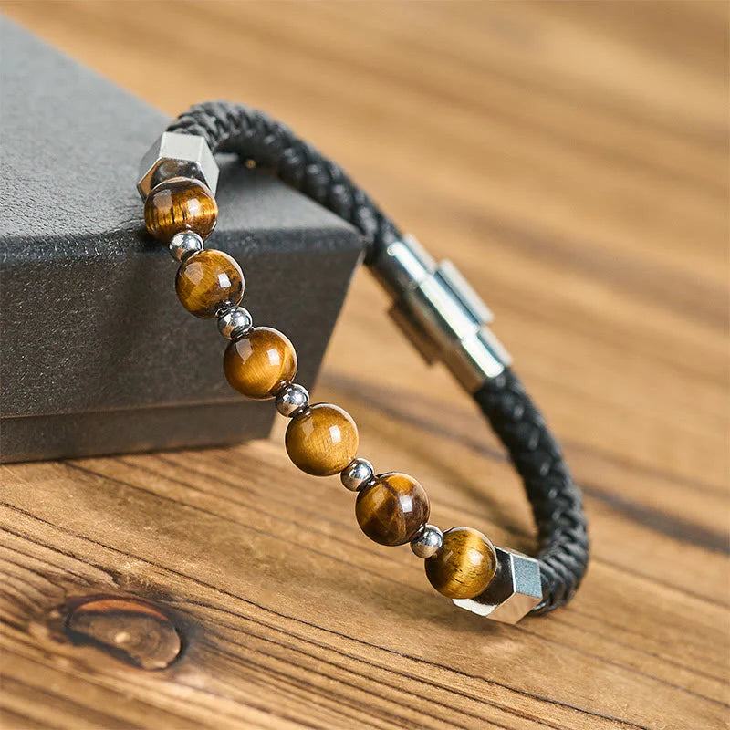 Buddha Stones Tiger Eye Titanium Steel Courage Balance Leather Bracelet