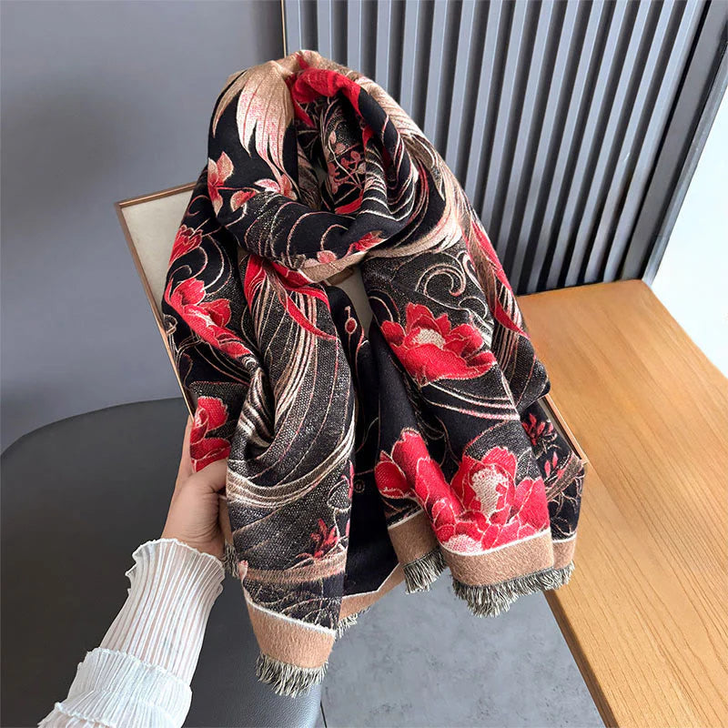 Buddha Stones Winter Thermal Phoenix Flowers Pattern Tassels Soft Scarf Shawl