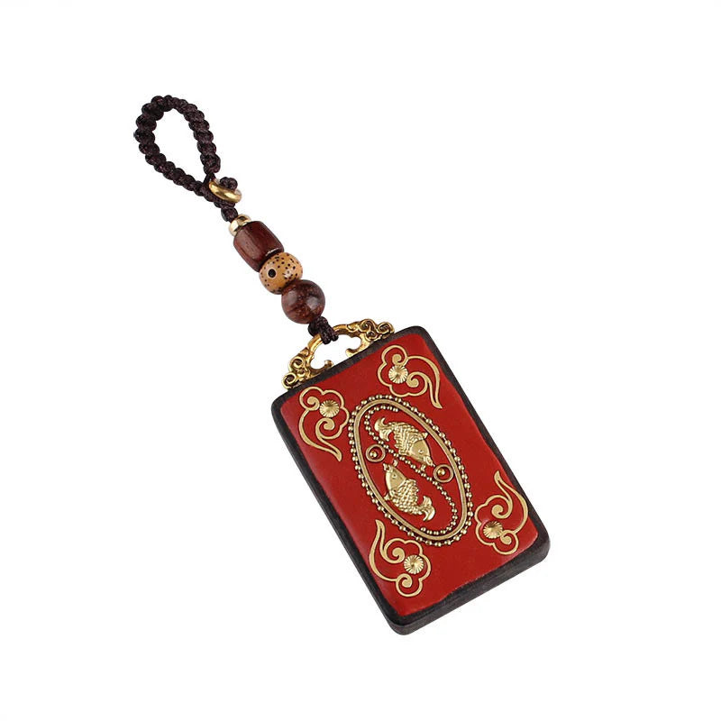Buddha Stones Ebony Flower Koi Fish Fu Character Button Rope Key Chain