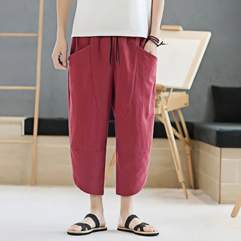 Buddha Stones Summer Men's Solid Color 7-8 Length Cotton Linen Drawstring Pants With Pockets