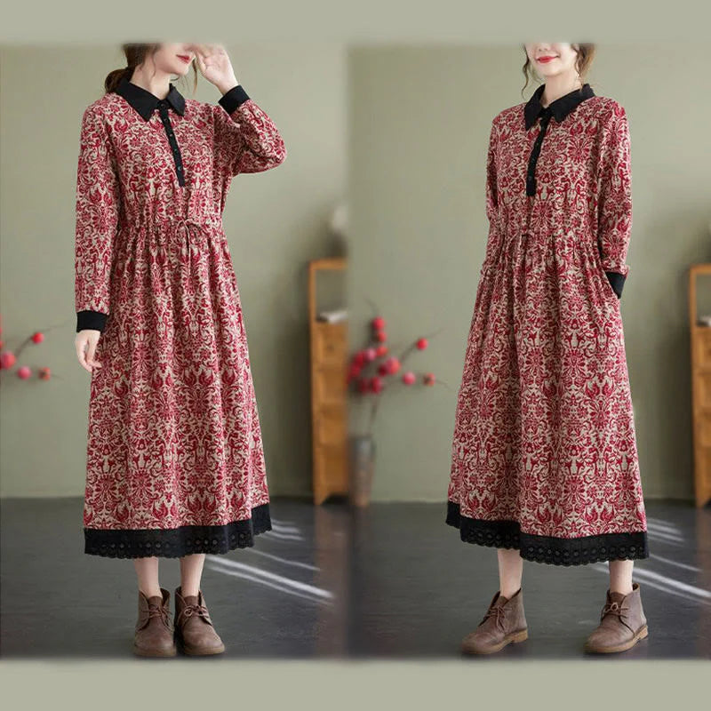 Buddha Stones Ethnic Printed Drawstring Long Sleeve Cotton Midi Dress With Pockets