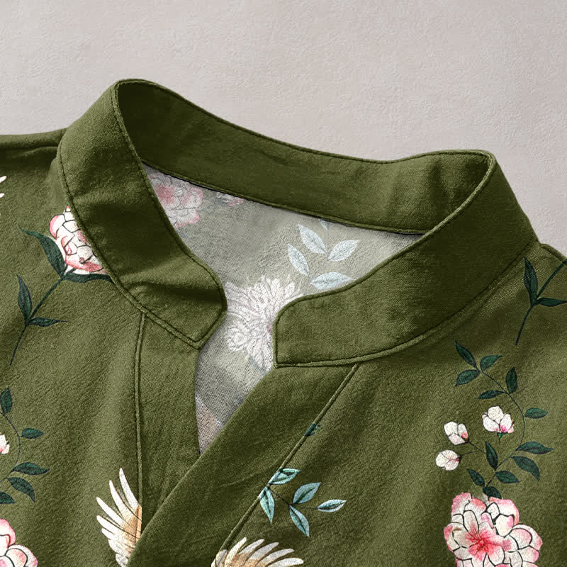 Buddha Stones Cotton Crane Floral Print Men's Short Sleeve Half Button Shirt
