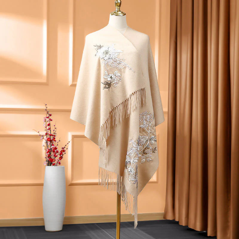Buddha Stones Wool Shawl White Orange Flower Embroidery Tassel Winter Cozy Travel Scarf Wrap
