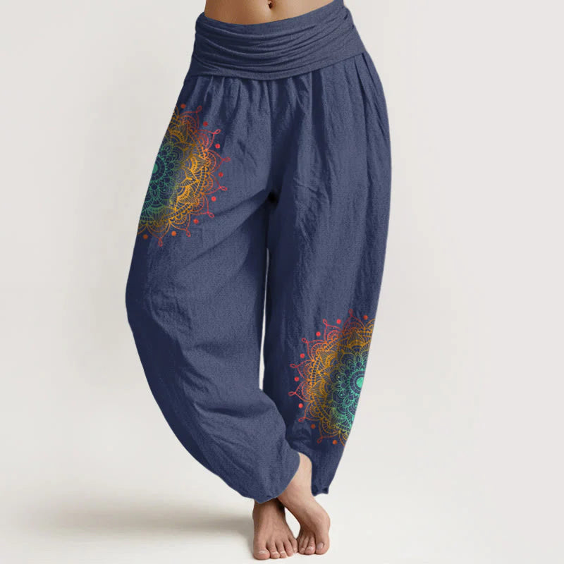 Buddha Stones Pure Cotton Simple Style Mandala Pattern Women's Elastic Waist Harem Pants
