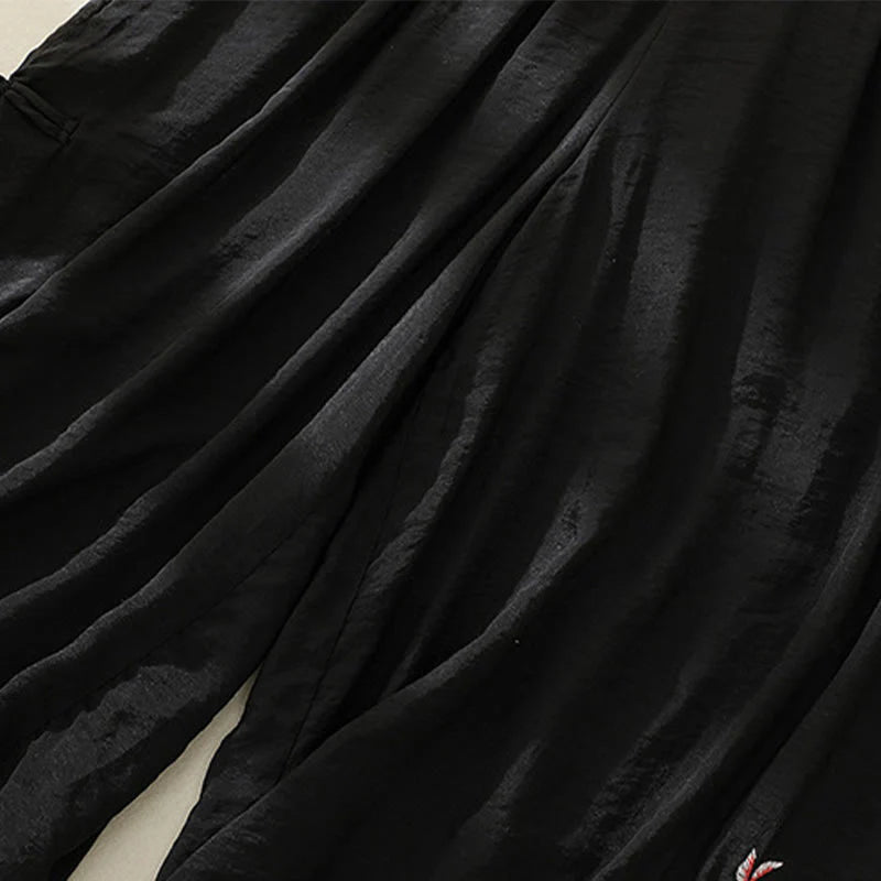 Buddha Stones Artistic Embroidery Flower Double Layer Chinese Frog Button Split Cotton Linen Women's Wide Leg Pants