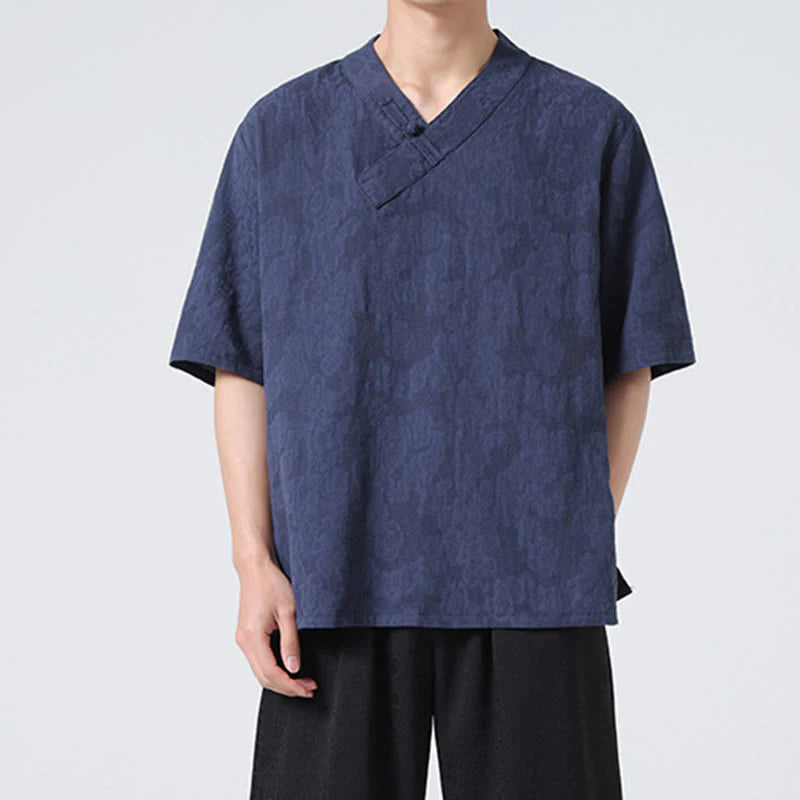 Buddha Stones Ethnic Distressed Jacquard Frog-Button Men's Stand Collar Half Sleeve Cotton Linen Shirt Tai Chi Clothes