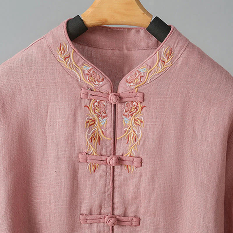 Buddha Stones Embroidery Flower Long Sleeve Frog-buttons Cotton Women's Shirt
