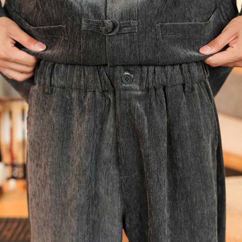 Buddha Stones 2Pcs Winter Thick Men's Tang Suit Frog-Button Cotton Corduroy Long Sleeve Jacket Pants Set With Pockets