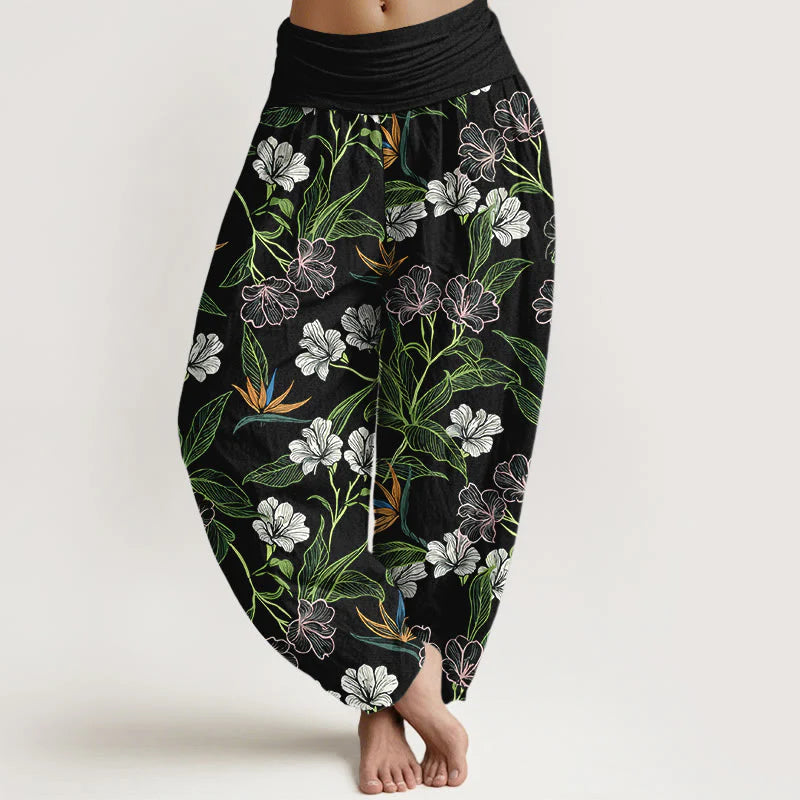 Buddha Stones Cotton Contrasting Colors Flower Leaf Pattern Women's Elastic Waist Harem Pants