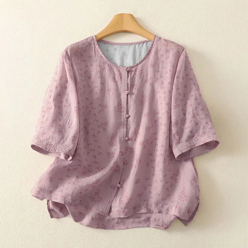 Buddha Stones Casual Floral Print Pattern Three Quarter Sleeve Women's Buttons Shirt
