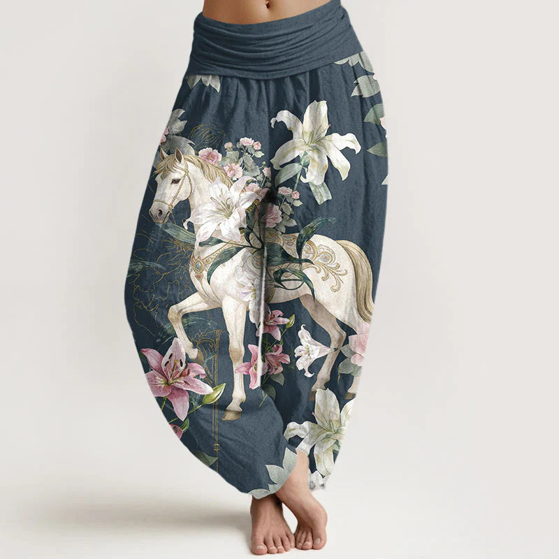 Buddha Stones Pure Cotton Romantic Horse Lily Peony Pattern Women's Elastic Waist Harem Pants