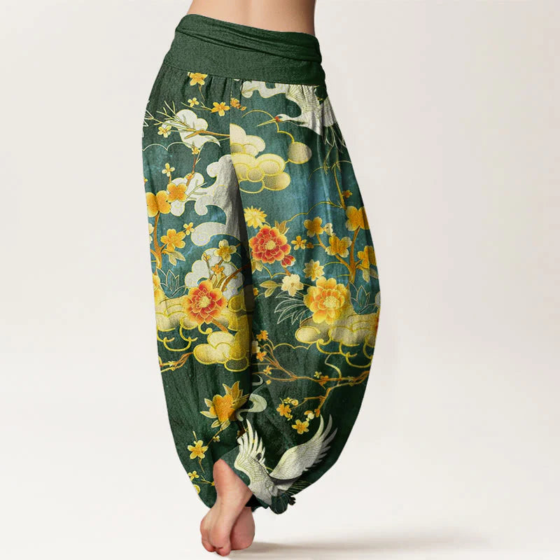 Buddha Stones Cotton Auspicious Clouds White Cranes Red Flowers Pattern Design Women's Elastic Waist Harem Pants