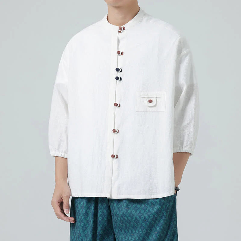 Buddha Stones Summer Frog-Button Front Stand Collar Men's Three Quarter Sleeve Cotton Shirt Cardigan With Pocket