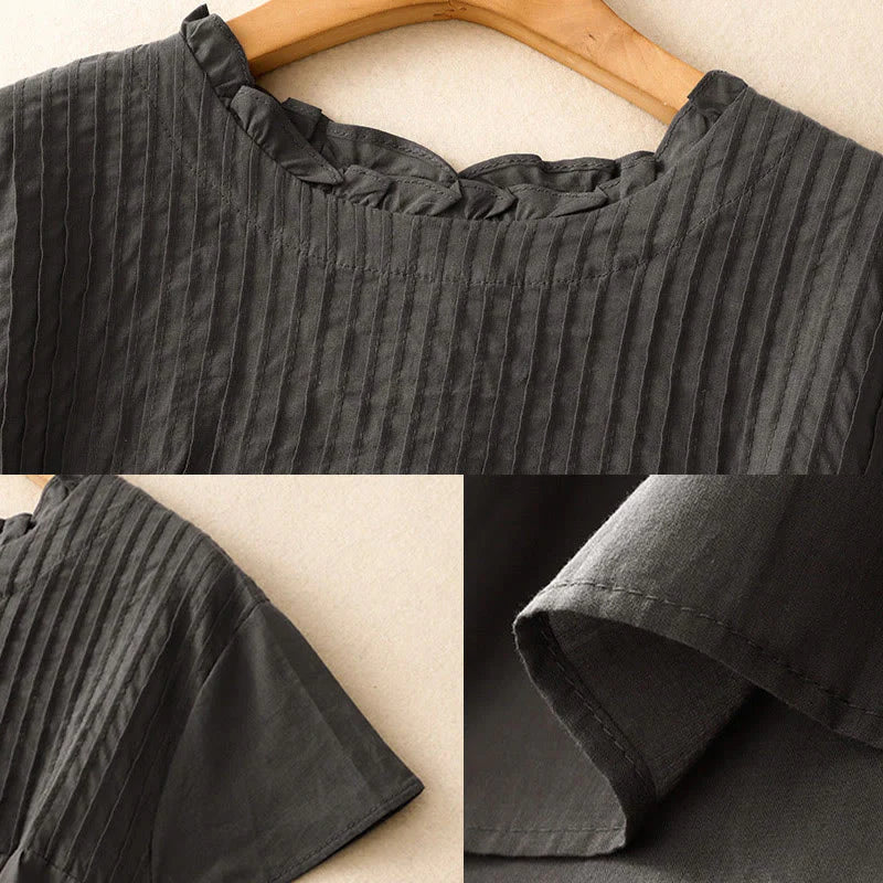 Buddha Stones Summer Pure Color Ruffled Pleated Design Women's Cotton Short Sleeve Shirt